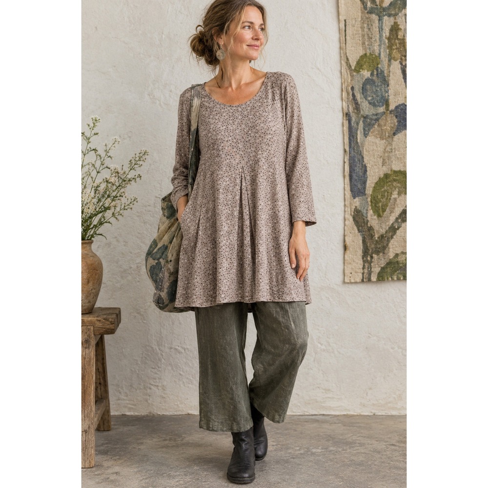 Gudrun Sjoden Women's Organic Cotton Modal Dash Print Pleated Tunic Top- XXL